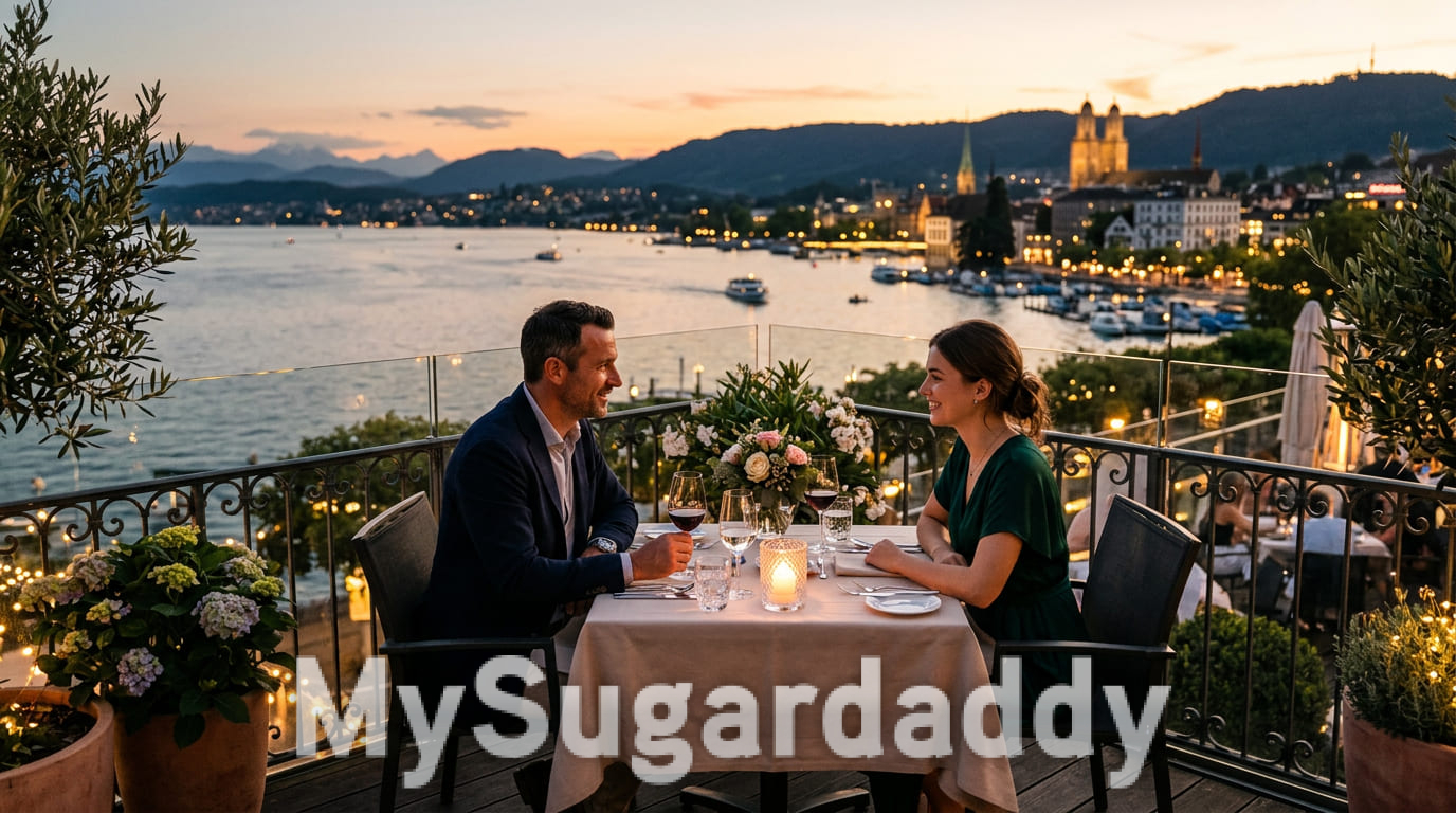Sugardaddy und Sugarbabe beim Abendessen mit Blick auf den Zürichsee