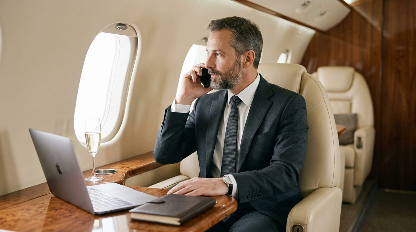 Sugardaddy im Anzug telefoniert im Privatjet mit Champagner und Laptop