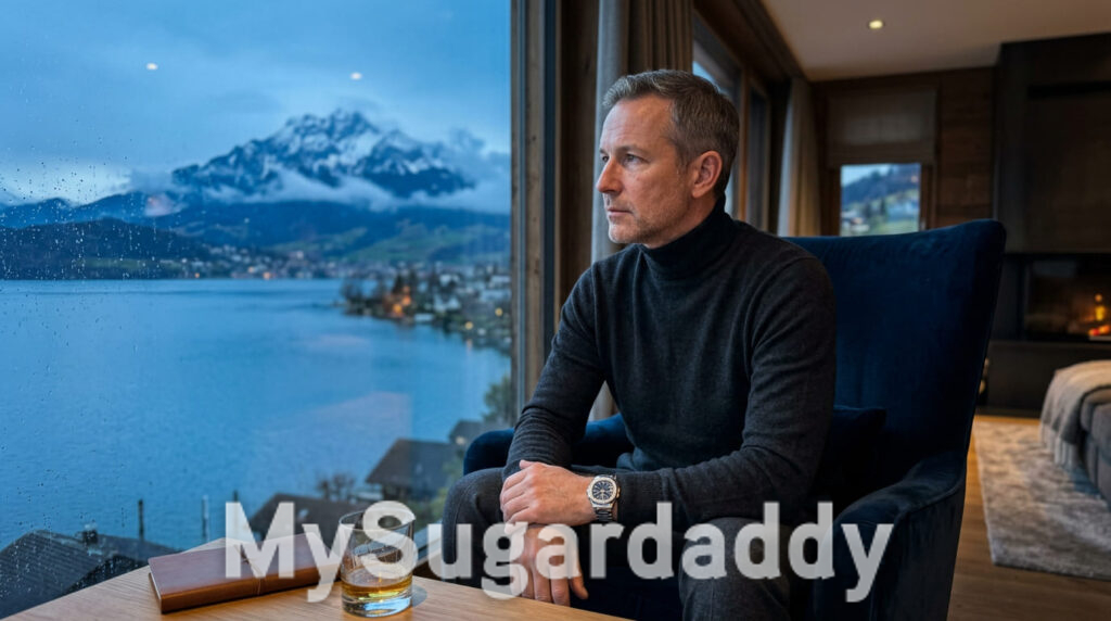 Sugar Daddy sitzt am Fenster mit Blick auf einen Schweizer See