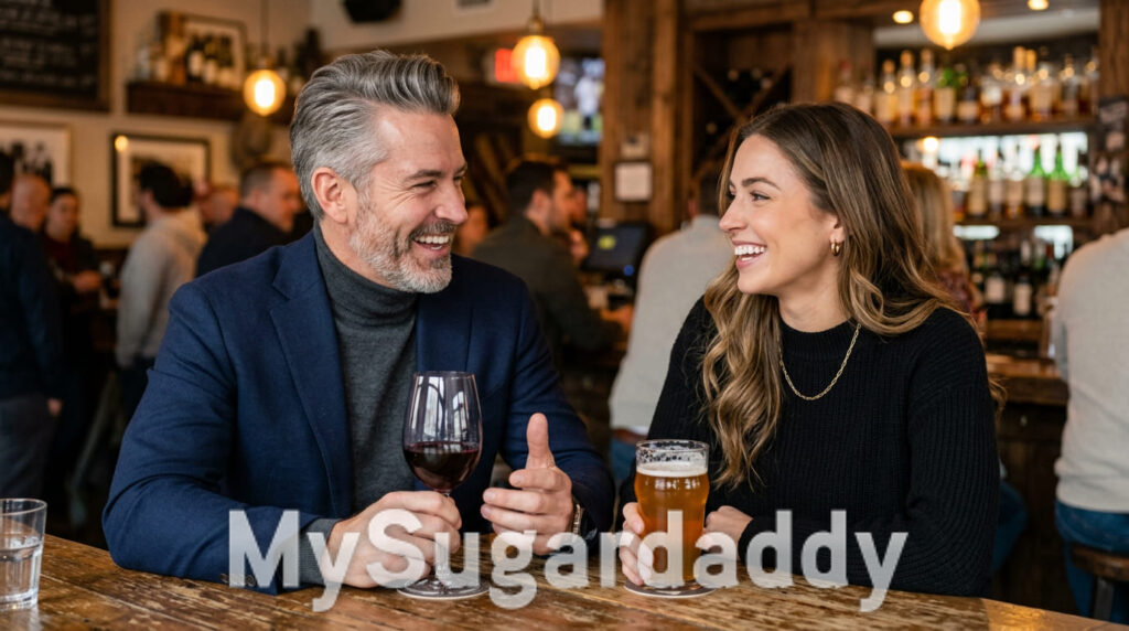Sugardaddy und Sugarbabe lachen und flirten an einer Bar beim ersten Date