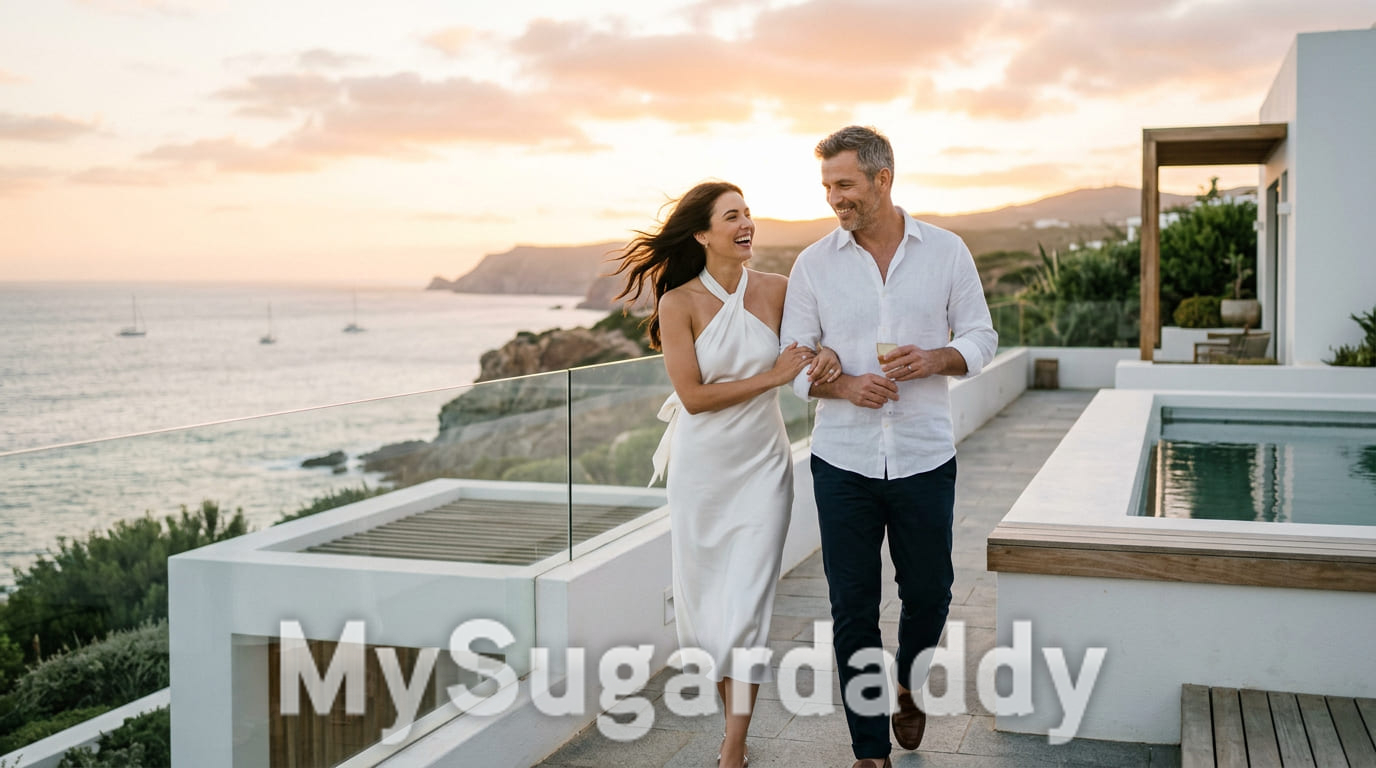 Sugardaddy und Sugarbabe spazieren lachend auf der Terrasse einer Luxusvilla mit Meerblick