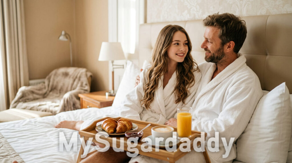 Sugardaddy und Sugarbabe im Bademantel beim Frühstück im Bett in einer Schweizer Luxushotel-Suite